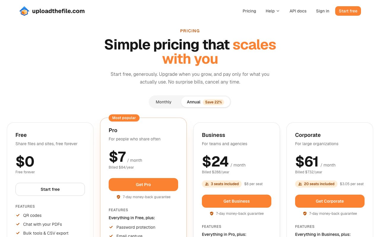 UploadTheFile pricing page showing four plans: Free at $0, Pro at $7 a month billed $84 a year and marked Most popular, Business at $24 a month with 3 seats included, and Corporate at $61 a month with 20 seats included, each paid plan with a 7-day money-back guarantee