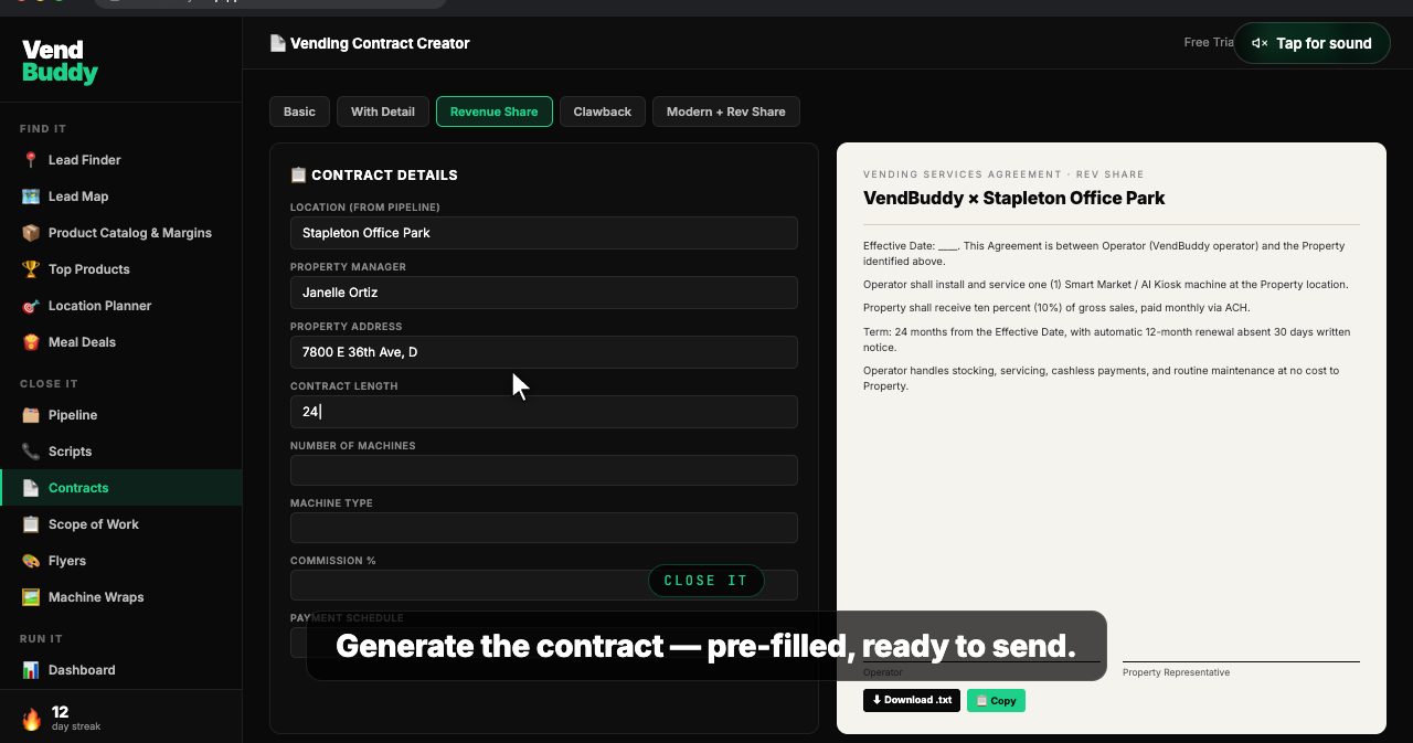 VendBuddy product demo of the Vending Contract Creator with template tabs for Basic, With Detail, Revenue Share, Clawback and Modern + Rev Share, a contract details form pulled from the pipeline, and a live preview of a revenue-share vending services agreement with download and copy buttons