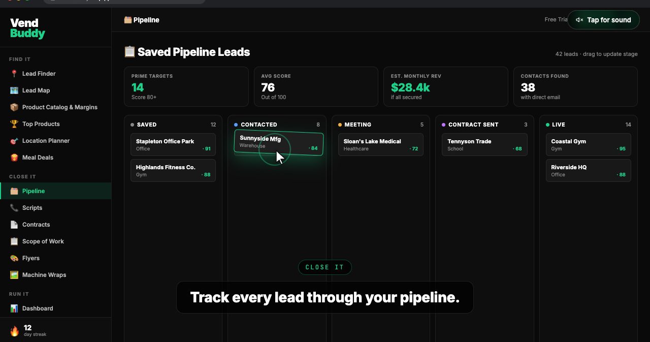 VendBuddy product demo of the Saved Pipeline Leads board with columns for Saved, Contacted, Meeting, Contract Sent and Live, summary tiles for 14 prime targets, an average score of 76, $28.4k estimated monthly revenue and 38 contacts with direct email, and a caption reading 'Track every lead through your pipeline.'