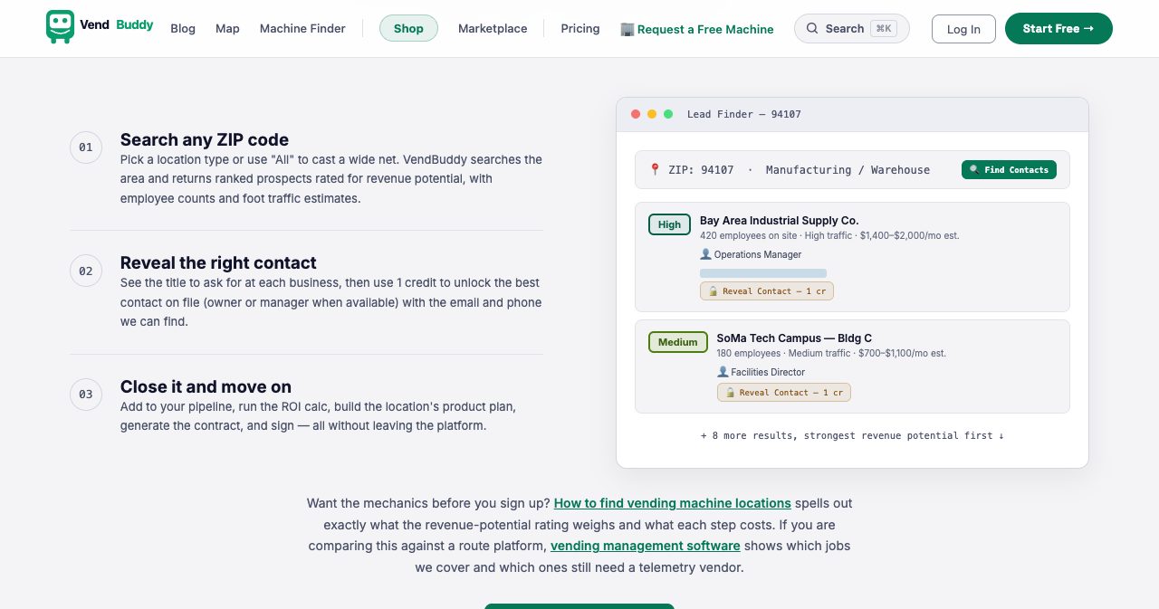 VendBuddy 'From ZIP code to signed contract' section with three steps (search any ZIP code, reveal the right contact, close it and move on) beside a Lead Finder card for ZIP 94107 showing Bay Area Industrial Supply Co. rated High with 420 employees and an estimated $1,400 to $2,000 a month, and SoMa Tech Campus rated Medium