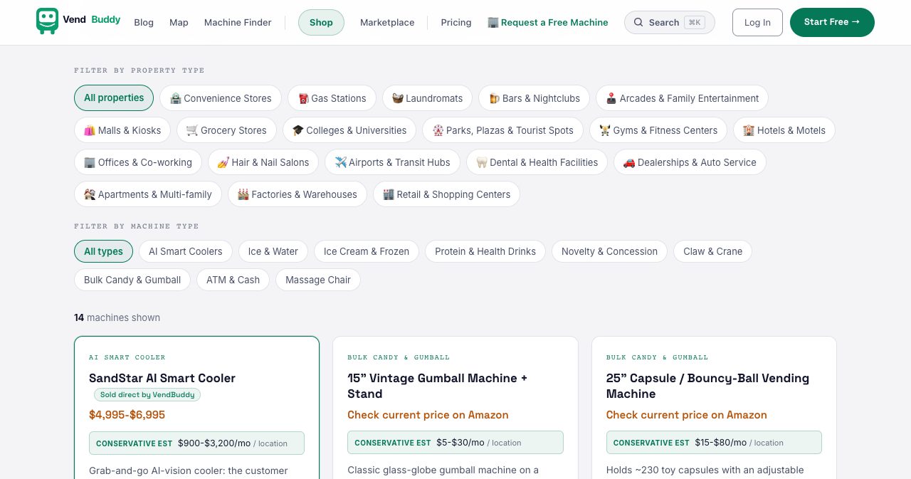 VendBuddy Machine Finder with filters for 19 property types, from convenience stores and laundromats to factories and warehouses, and machine types such as AI smart coolers, claw and crane and massage chairs, above cards for the SandStar AI Smart Cooler sold direct by VendBuddy at $4,995 to $6,995 and two bulk candy machines