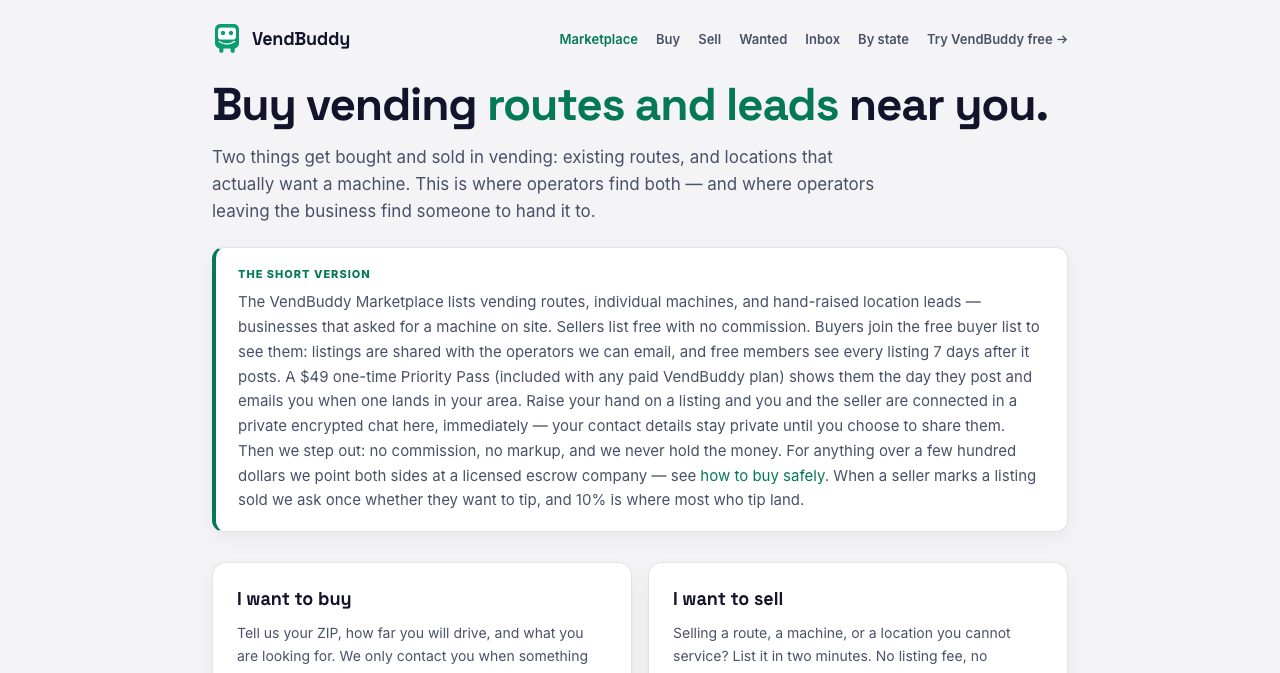 VendBuddy Marketplace page headed 'Buy vending routes and leads near you.' with a short-version box explaining free seller listings with no commission, a 7-day delay for free buyers, a $49 one-time Priority Pass included with paid plans, private encrypted chat and licensed escrow for larger deals