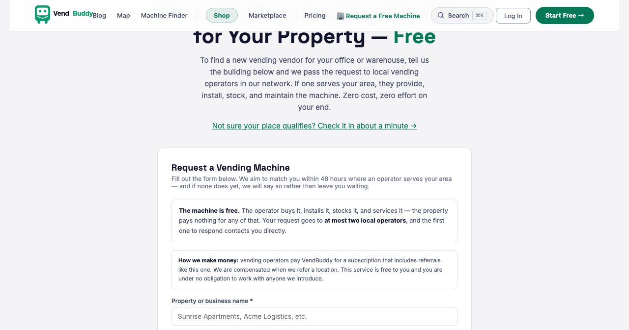 VendBuddy property manager page reading 'Get a Modern Vending Machine for Your Property, Free', with a request form that promises a match within 48 hours where an operator serves the area, sends each request to at most two local operators, and explains that operators pay VendBuddy a subscription that includes referrals