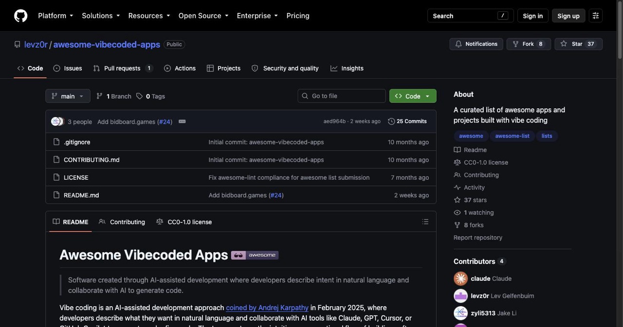 GitHub repository page for levz0r/awesome-vibecoded-apps, a CC0 awesome list of roughly 50 vibe-coded apps grouped by platform, with star count and README entries such as MenuGen and MPLS Coffee
