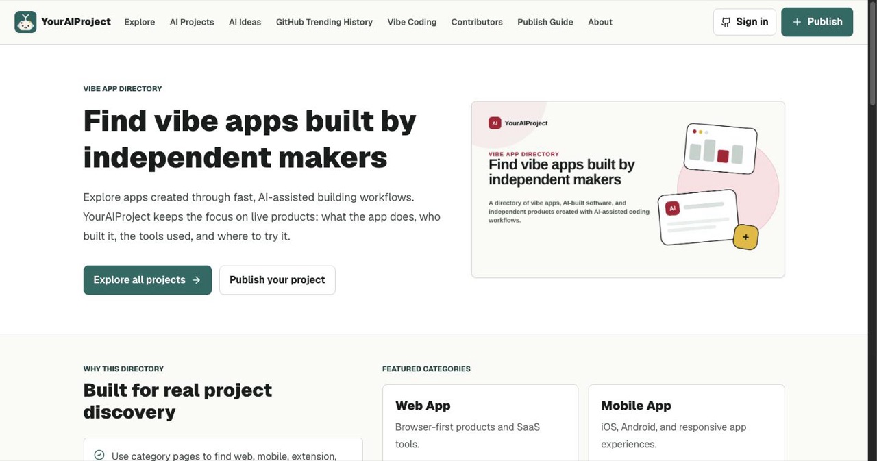 Vibe App Directory at youraiproject.com/vibe-apps, the largest app-side directory for vibe-coded apps, showing listing cards with screenshots, stack tags and vote counts across web, mobile.