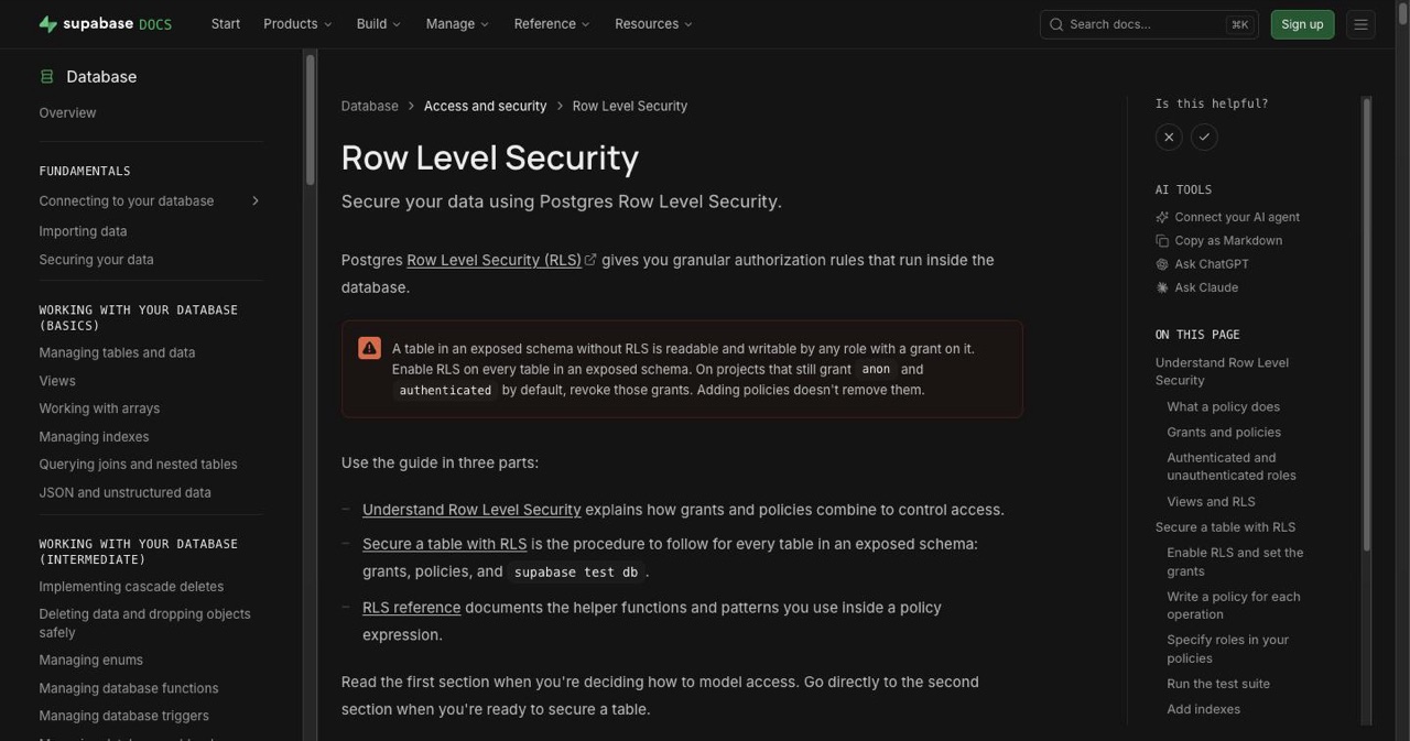 Supabase documentation page for Postgres row-level security, showing policy examples with auth.uid() checks, the exact control that vibe-coded apps ship without and that the Tier 1 launch blockers require