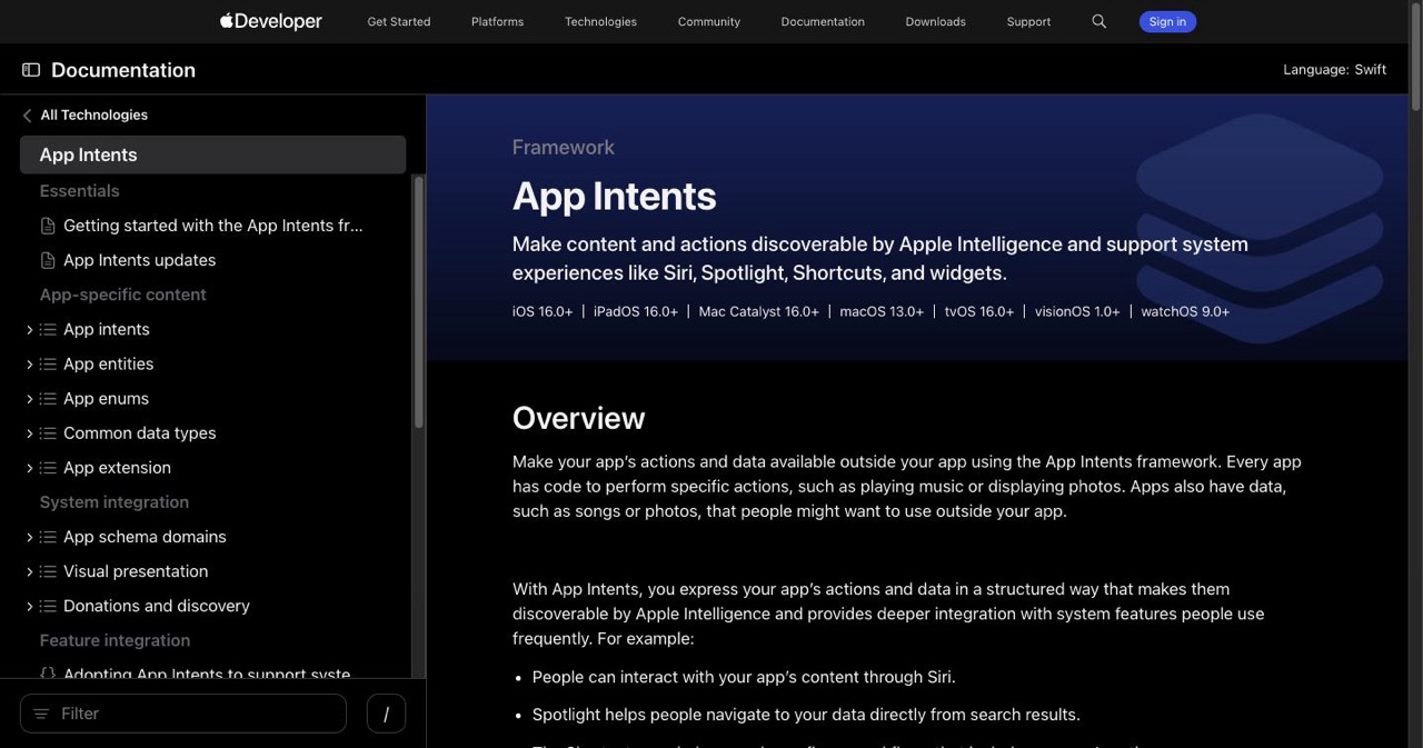 Apple App Intents framework documentation showing how apps expose actions to Siri and the system, the integration point SaaS builders must implement to benefit from Gemini-augmented Siri