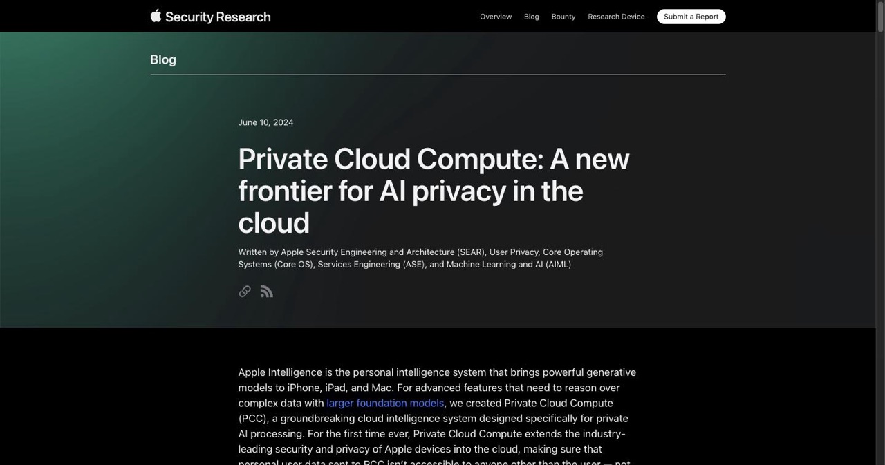 Apple Security Research post on Private Cloud Compute describing Apple Silicon servers running Apple-controlled software with cryptographic attestation, the middle layer of the Apple Intelligence architecture