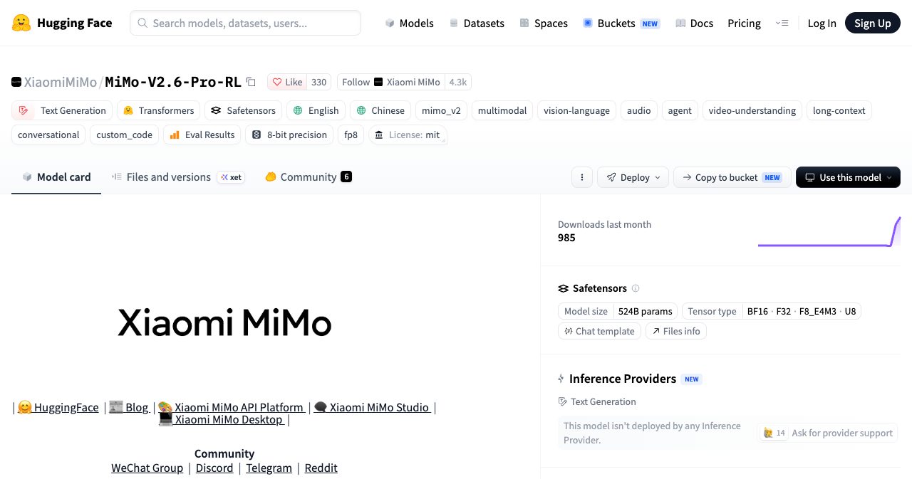 Hugging Face model repository for XiaomiMiMo MiMo-V2.6-Pro-RL showing the MIT open source license tag, 1-million-token context window support, and public model weight files available for direct download.