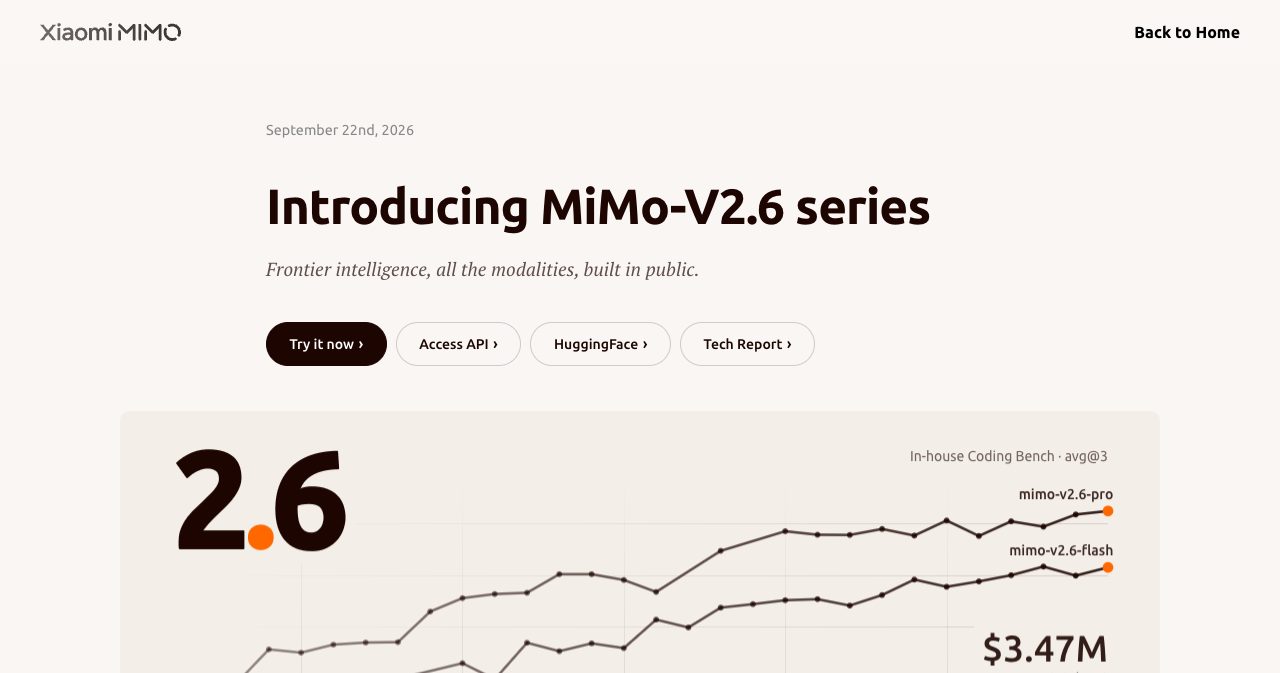 Xiaomi MiMo-V2.6 official release page from September 22, 2026, showing the model navigation buttons, the comparative coding benchmark chart, and the 3.47-million-dollar reinforcement learning compute total displayed in the hero section.