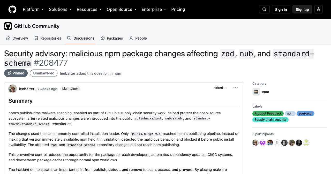 GitHub community discussion "Security advisory: malicious npm package changes affecting zod, nub, and standard-schema," npm's own account of how the @nubjs/nub@0.9.4 release was held in validation and blocked.