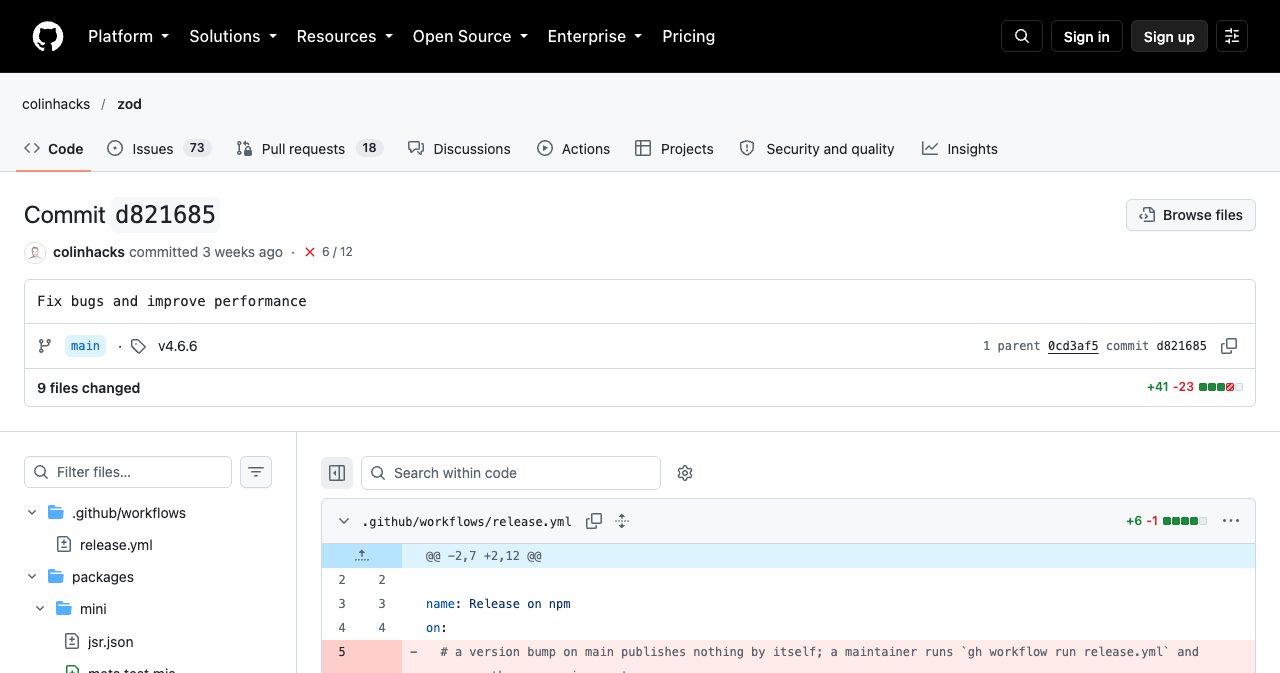 GitHub commit page for zod commit d821685, the "Fix bugs and improve performance" push that carried a remote-code loader into the repository's main branch.
