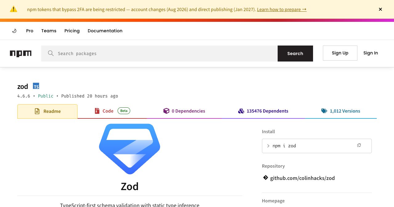 npm page for zod showing roughly 290 million weekly downloads, 131,000-plus dependents and zero dependencies.